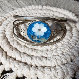 Blue and White Silver Flower Cuff Bracelet